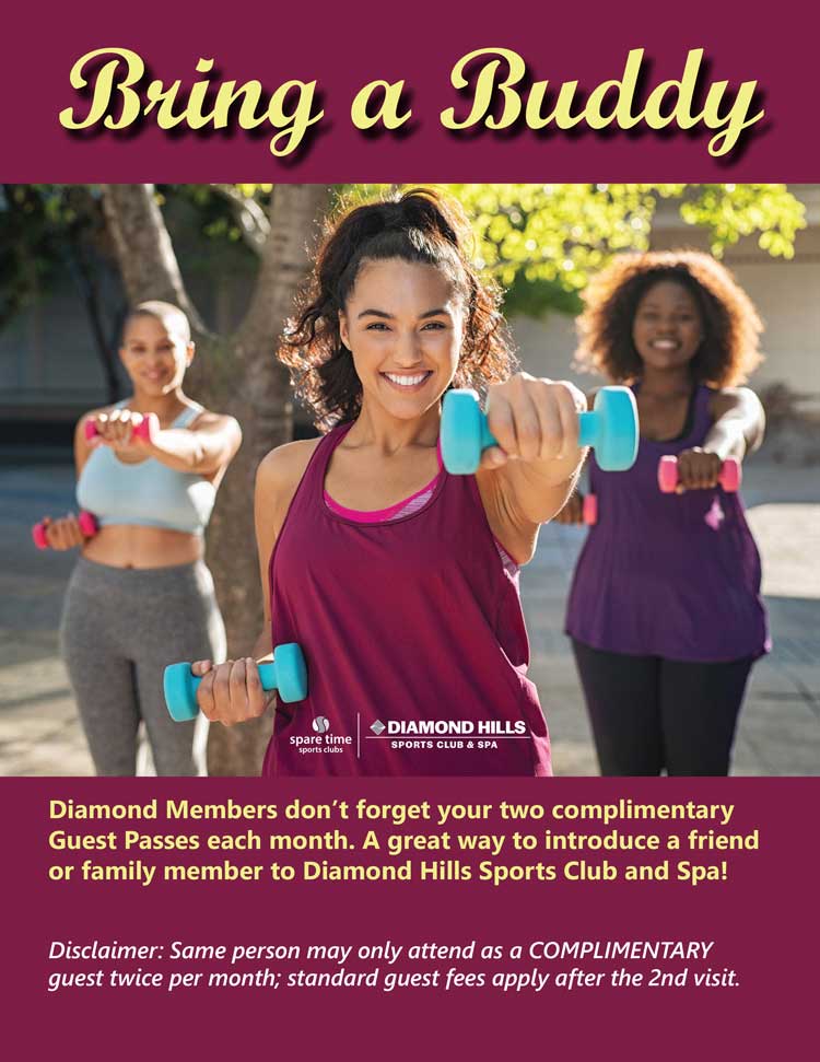 Three female's doing yoga, Bring a Buddy promotional banner