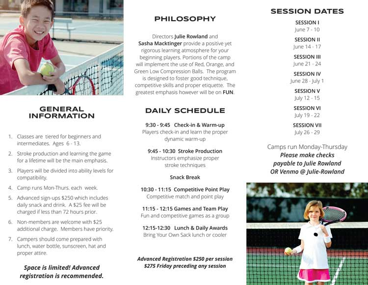 Kids Summer Tennis Camp 2021 Schedules and class timing