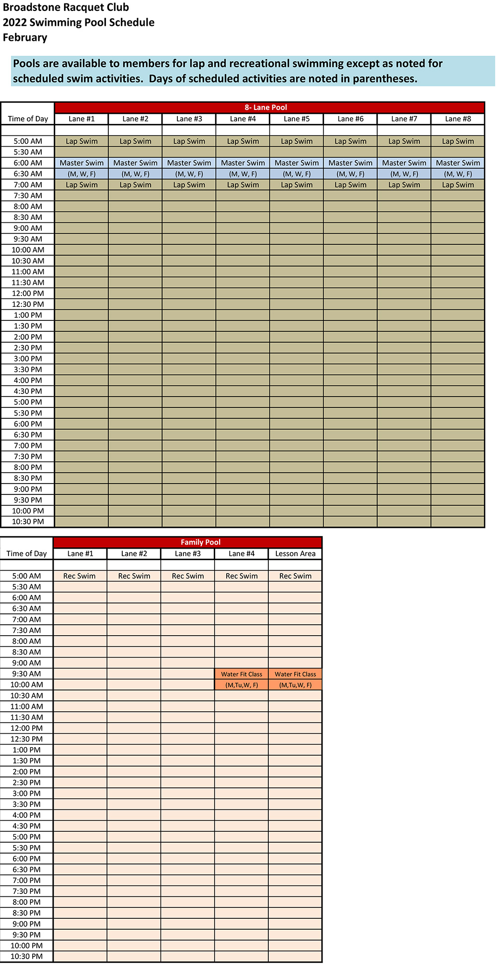 Pool Schedule