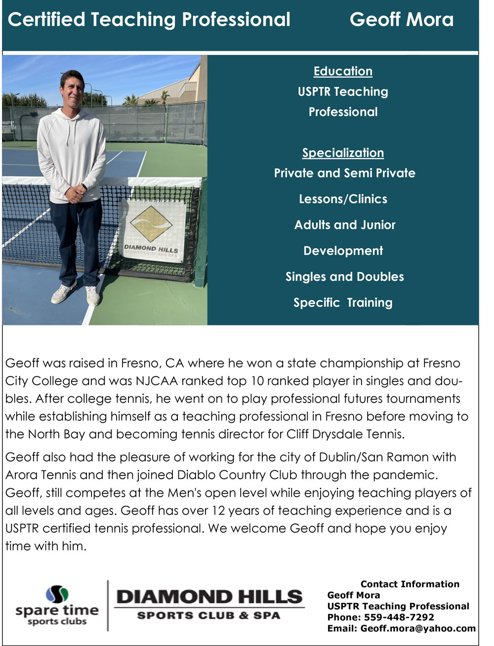 Geoff Mora: Certified Tennis Teaching Professional in Sport Club Oakley, CA