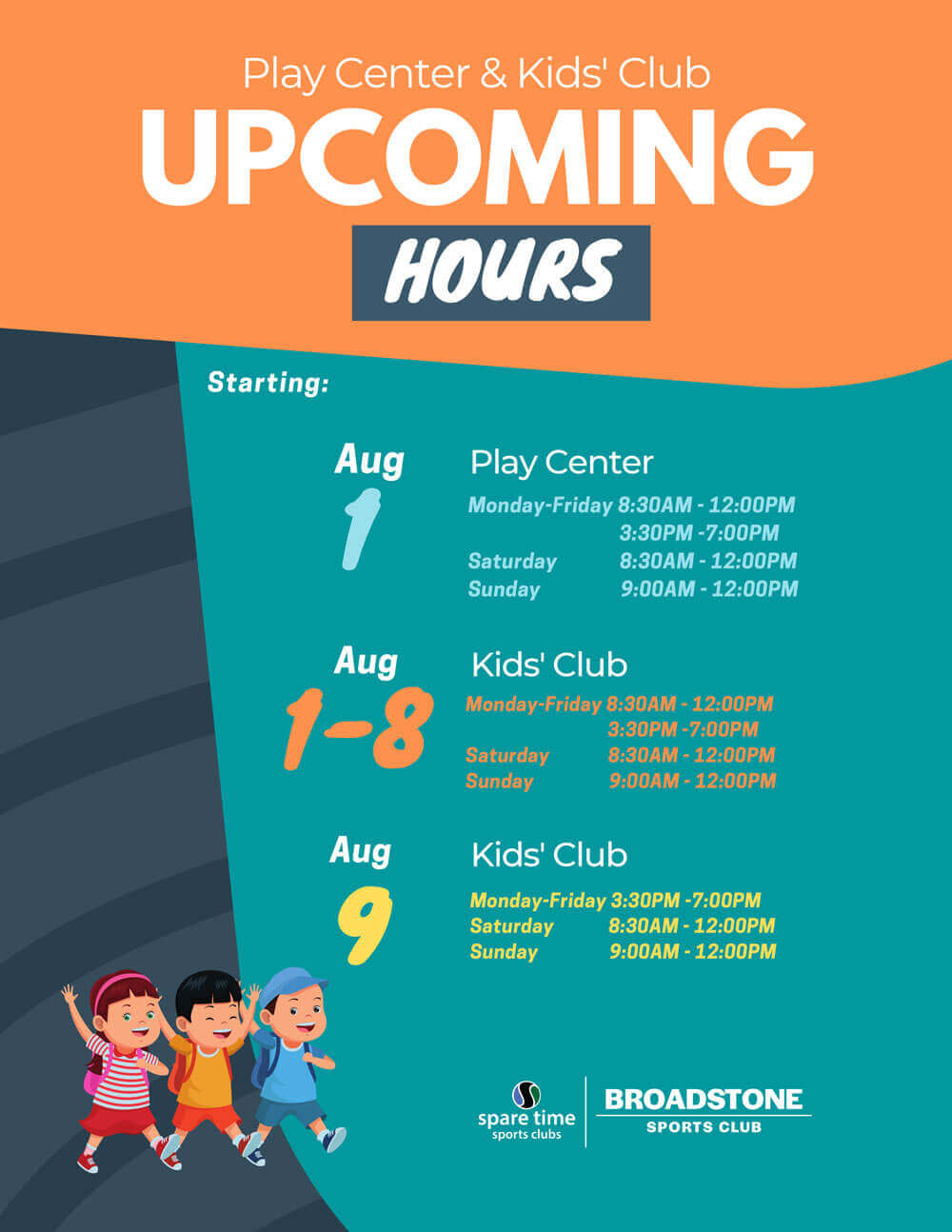 Play center & kids club upcoming hours, Sacramento, CA